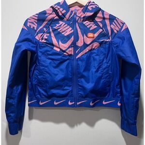 Nike Kids Windrunner Jacket Blue Pink Logo‎ Print Hooded Lightweight Size M